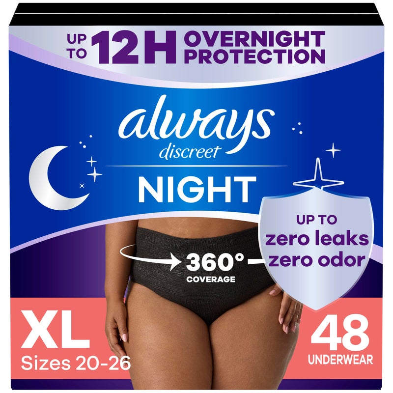 Always Discreet Adult Incontinence Overnight Underwear for Women Extra Large Up to 100 Bladder Leak Protection 48 Count 3 Packs of 16